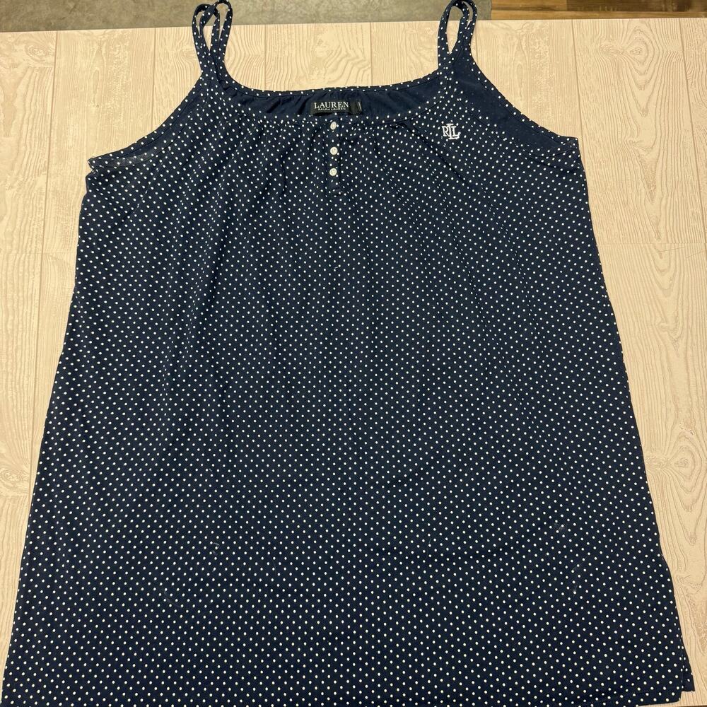 Lauren Ralph Lauren Women XL Navy White Polka Dot Nightgown Sleepwear RL Logo